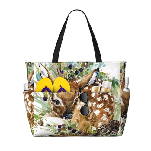 Sac de plage sac à bandoulière femme cerf faune aquarelle - Grand sac fourre-tout
