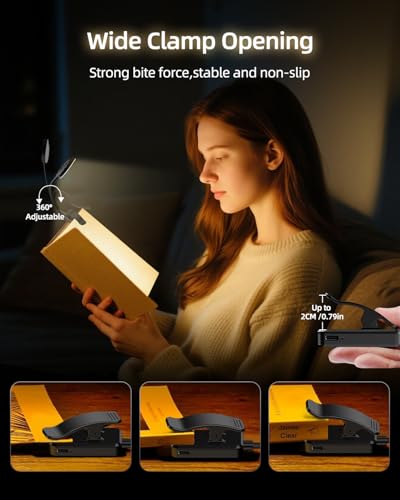 Image of Rechargeable Book Lights for Reading at Night - Eye,3 Color Temperatures,3 Brightness Levels,Flexible Goose Neck Clip on Light,Reading Lights for Books in bed with Power Indicator Bookworms (Black)