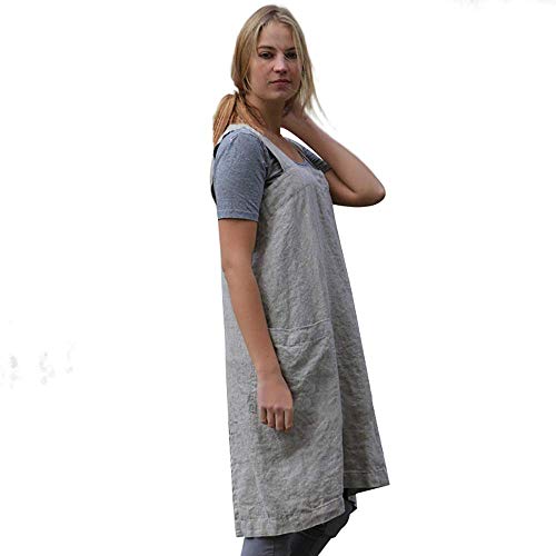 Women’s Pinafore Square Apron Baking Cooking Gardening Works Cross Back Cotton/Linen Blend Dress With 2 Pockets Gray #TOP3
