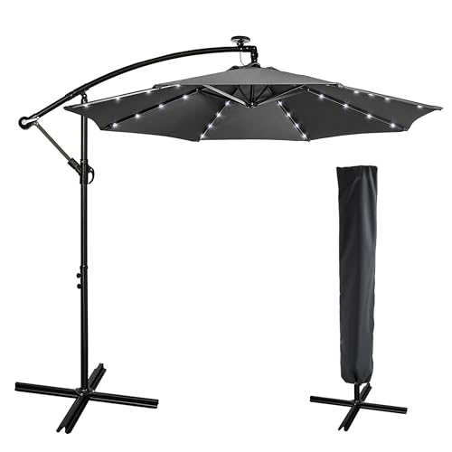 Mondeer Cantilever Parasol with Solar LED Lighting, 3m Garden Umbrella with Cover Aluminium Waterproof UV Protection Height Adjustable Crank Handle for Outdoor Garden Patio (Grey)