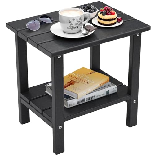 Weather Resistant Outdoor Side Table, Adirondack HDPE Small Outdoor Table, 2-Tier Small Patio Tables for Outside or Indoor, Black
