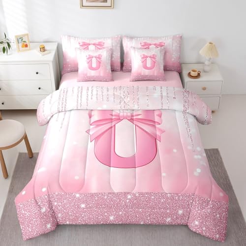 Image of Feelyou Boys Girls Pink Bowknot 7 Pieces Bedding Set Twin Size, Personalized Initial U Comforter Set with Sheets Princess Glitter Bed in A Bag Kids Bow Monogrammed Teens Bed Set Bedroom Decor 7Pcs