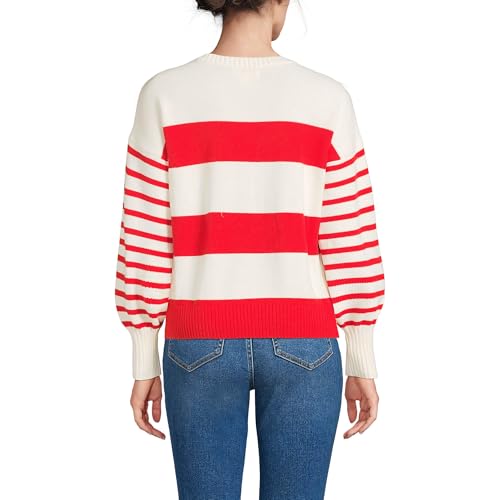 Lands' End Women's Drifter Jersey Crewneck Sweater Large Coral Red/Ivory Stripes2