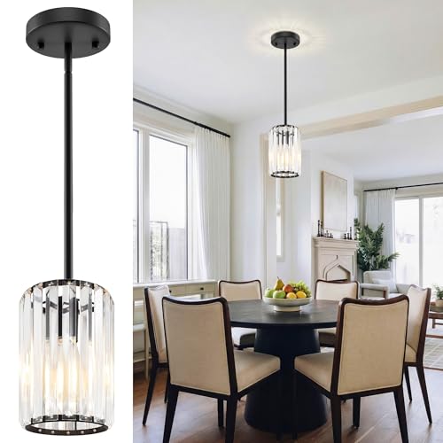 Esfos Black Pendant Light, Modern Crystal Pendant Lights Kitchen Island, Kitchen Island Lighting with Adjustable Height, UL Certified Island Lights for Kitchen Dining Room Bedroom Hallway 1 Pack, E26 - image 1