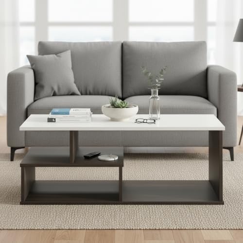 Image of FURNEASER Witely 2-Tier Engineered Wood Coffee Table with Storage Shelves, Modern Centre Table for Living Room & Sofa, Matte Wenge & White Finish