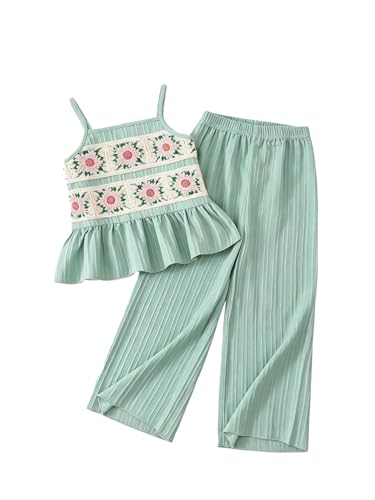 Image of WDIRARA Girl's 2 Piece Outfits Boho Floral Crochet Ruffled Sleeveless Cami Top and Wide Leg Pants