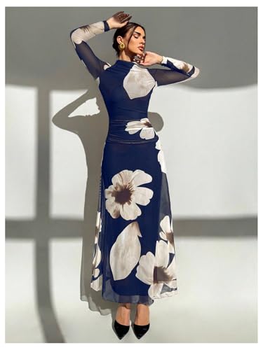 Image of Verdusa Women's Floral Wedding Guest Dress Long Sleeve Mesh Slimming Cocktail Vacation Maxi Dresses