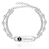 Oneress Medical Alert Epilepsy Bracelet | Fashion Double Chain Waterproof Wristband | Stainless Steel Heart Chain Emergency Alert Bracelets | 7.5