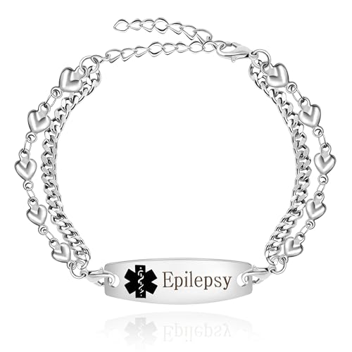 Oneress Medical Alert Epilepsy Bracelet | Fashion Double Chain Waterproof Wristband | Stainless Steel Heart Chain Emergency Alert Bracelets | 7.5