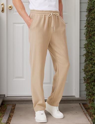 Men's Casual Pants Lightweight Stretch Loose Fit Ribbed Jacquard Knit Textured Drawstring Pants with Pockets2