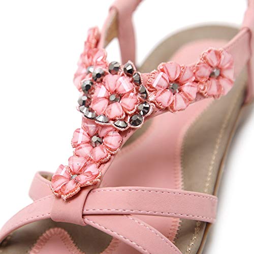 SHIBEVER Women's Summer Sandals Bohemian Beach Ankle Strap Elastic Flats Strappy Sandals Shoes Pink 9 - Image 4