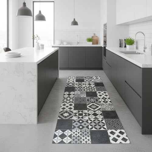 Alfombra Vinílica Antideslizante con Reverso PVC – Diseño Geométrico Blanco y Negro – Fácil de Limpiar- Cocina- Baño- (Amadora 80x200 cm)