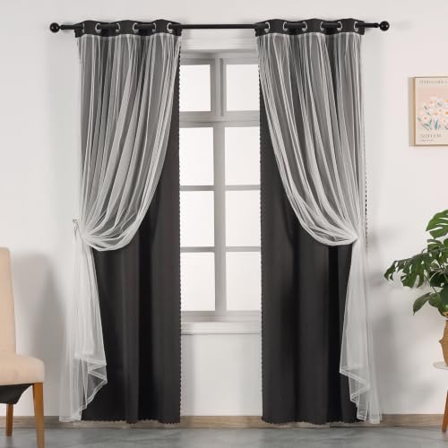 Image of Anytime Double Layer Blackout Curtains 2 Panels,35Wx80L,Black | Sheer And Fabric Window Drapes Grommet Top Solid Color Bedroom Living Room Home Decor
