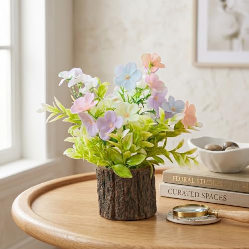 Image of Dekorly Artificial Multicolor Jasmine Flower with Real Wooden Pot (22CM) | Lifelike Faux Floral Arrangement for Home, Office & Table Decor (Jasmin Flower)