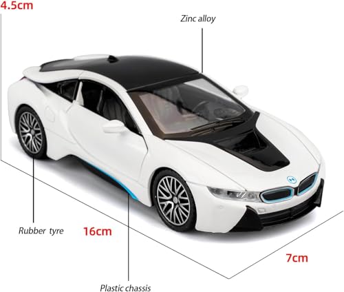 Image of 1:32 BMW i8 Diecast Toy Car Pull Back Metal Car with Openable Doors Sound & Light Features Realistic Kids Gift & Collectible Model for Boys & Girls (White)