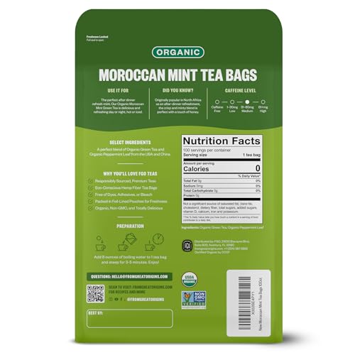 Image of FGO Organic Moroccan Mint Green Tea, 100 Count, Eco-Conscious Tea Bags, Resealable Bag, Packaging May Vary (Pack of 1)