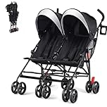 HONEY JOY Double Umbrella Stroller, Side by Side Lightweight Baby Stroller w/ 5-Point Safety Harness, Adjustable Canopy & Storage Bag, Travel-Friendly Fold, Compact Twin Stroller for Infant(Black)