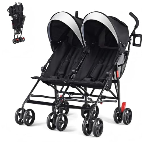 HONEY JOY Double Umbrella Stroller, Side by Side Infant Lightweight Stroller, Quick Fold Compact for Travel, Cup Holder, Storage Bag, Folding Twin Stroller Newborn and Toddler(Black)