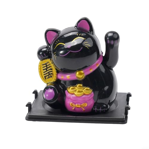 Maneki Neko - Gatto portafortuna che saluta, con gatto portafortuna che saluta, alimentato a energia solare, grazioso gatto portafortuna e ricchezza (borsa fortunata) (nero)
