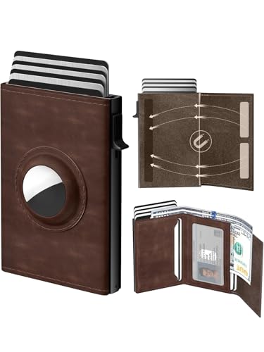 Image of Mens Pop Up Wallet for AirTag: Premium Genuine Leather, RFID Blocking, Smart, Minimalist, 9-14 Card Capacity, ID Window, Cash Slot (Deep Brown)