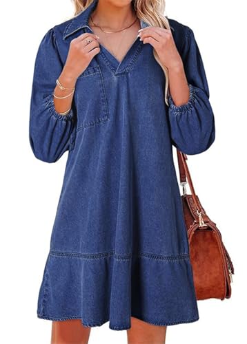 CHARTOU Women 3/4 Sleeve Ruffle Denim Dress Summer Collared V Neck Loose Shirt Jean Dress with Pockets (X-Large, Dark Blue)