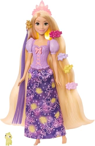 Mattel Disney Princess Rapunzel Modepuppe mit leuchtendem Haar und 4 weiteren Leuchtmöglichkeiten, Pascal-Figur und 7 Styling-Zubehörteilen, inspiriert vom Film Rapunzel Neu verföhnt, JHL46