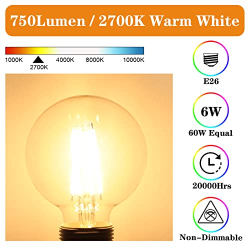 Ascher Vintage G25 Led Globe Light Bulbs, 60 Watt Equivalent, Warm White 2700K, 750Lm, Non-Dimmable, G25 Glass Edison Style For Bathroom Makeup Mirror, Medium E26 Base, Pack Of 4 #TOP2
