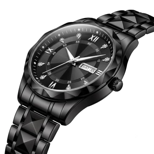 Image of GOLDENIZE FASHION Luxury Analog Roman Numeral Date Display Diamond Pattern Classics Stainless Steel Wrist Watch for Men
