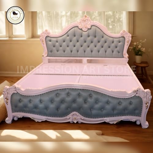 Image of Teak Wood Bed with Upholstered Head and Foot | Premium Teak Wood | White Color | King Size Bed | with Storage Box