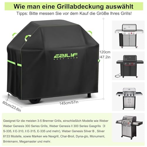 Ezilif Grillabdeckung Wetterfest 145 x 60 x 120cm Grillabdeckung aus 420D Oxford Gewebe, Wasserdicht Reißfest, Rost- und Schimmelschutz, für Weber/Enders/Char