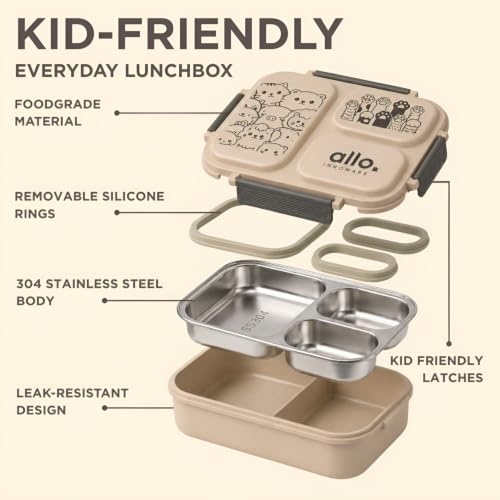 Image of Allo Bento Stainless Steel Lunch Box for Kids- BIS Approved, 304 Stainless Steel 3 Compartment Leakproof Tiffin Box for Boys and Girls for School, Travelling, Baby Snacks, 740ml Beige Cats