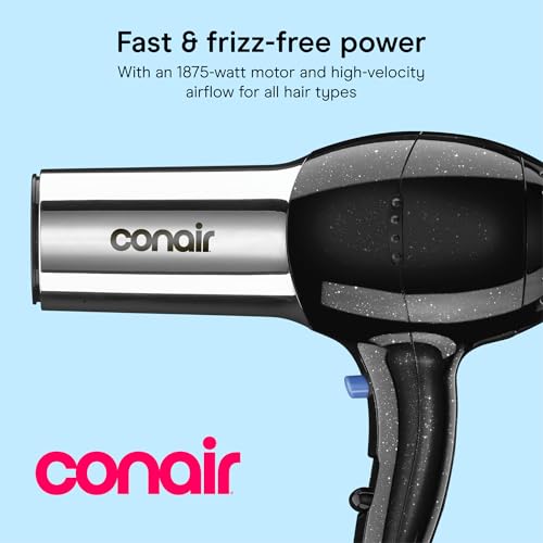 Image of Conair Full Size Ionic Hair Dryer | 1875W Fast Drying Ionic Hair Dryer with Concentrator for Frizz-Free, Shiny Hair, Black /Chrome, 256NRL