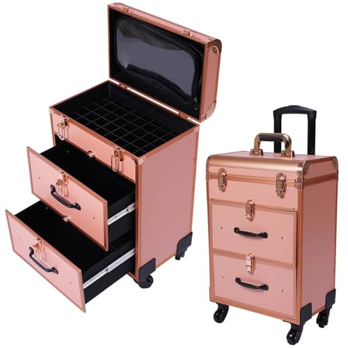 SJXHRFXY Gold Rolling Nail Case, 3-Layer Aluminum Alloy Makeup Suitcase