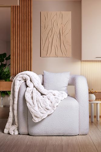 Luxury Concepts Soft Faux Rabbit Fur Throw Blanket - 50" x 60", Elegant Ruched Design Blanket, Machine Washable and Wrinkle Resistant, Lightweight Beige Throw Blanket for Couch, Sofa and Bed