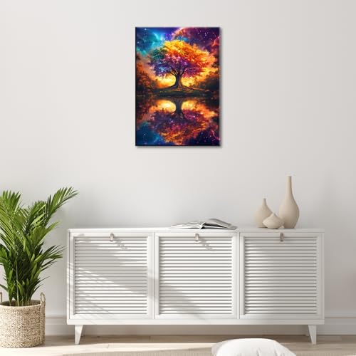 Wooden Framed Canvas Wall Art Colorful Tree Painting on Canvas Prints Poster Cosmic Tree Of Life Astral Sunset Dreamscape Pictures for Living Room Bedroom Dinning Room Corridor Wall Decor 30x40cm - Image 4