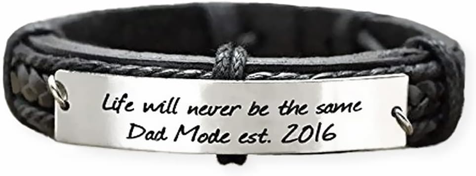 New Dad Gift, Mens Personalized Leather Bracelet, Baby Birth Date Engraved, Stainless Steel Black Leather Cuff, Fathers Day KeepSake