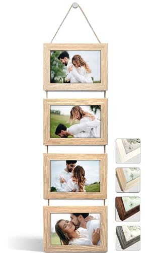 NEOWS Portafotos Múltiple Decorativo para Colgar en Pared - Marcos de Fotos Multiples de Madera Con Cuerda - Collage Portarretratos Colgante - Fotos 10x15 cm (Roble Natural, 4 Fotos Horizontal)