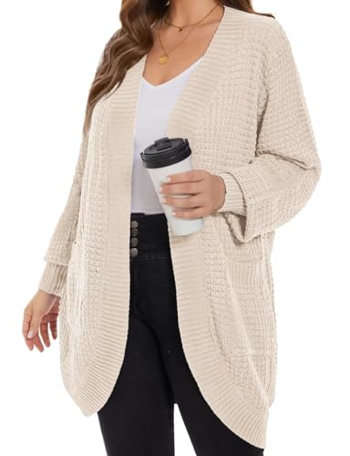 MONNURO Womens Plus Size Open Front Cardigan Waffle Knit Long Sleeve Sweaters Tops 2024 Fall Coat Outerwear with Pockets3