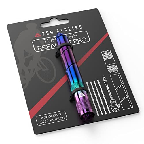KOM Cycling Tubeless Tire Repair Kit for Bikes 8 Colors! Fixes Mountain Bike and Road Bicycle Tire Punctures â€“ Includes Tire Repair Fork Reamer, 8 Bacon Strips. (Iridescent (PRO with Co2 Inflator))