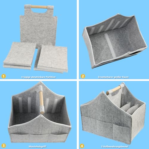 RSHVSMS Zeitungs- und Zeitschriftenkorb, moderner Filz-Zeitschriftendateierhalter, 4 Etagen abnehmbarer Erweiterungsraum mit Holzgriff für Zuhause und Büro 38 x 32 x 25 cm