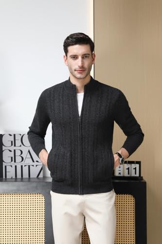 Mens 100% Wool Full Zip Cardigan Sweater Casual Mock Neck Cable Knitted Winter Chunky Sweaters3