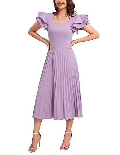 doux purple ruffled trim pleated midi dress Doux Purple Ruffled Trim Pleated Midi Dress