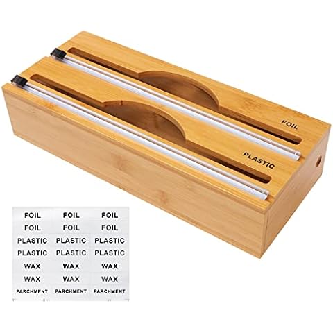 Coptiner Foil Dispenser with Cutter and Labels, Bamboo Wrap Dispenser, Cling Film Dispenser Box Aluminum Foil and Plastic Wrap Organizer Bamboo Roll Organizer Holder for Kitchen Drawer Cover