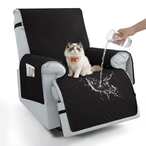 Sparaiz 100% Waterproof Recliner Chair Covers 28", Non-Slip Recliner Cover for Chair with Pocket Washable Recliner Covers with Elastic Straps Large Recliner Cover for Kids Pets-Black