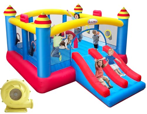 Big Inflatable Bounce House for Party,18.7ft x 13ft,Double Slide,Double Basketball Hoop,Fun Central Obstacle,Throw Ball Game,Reinforced PVC Bounce Floor,Jumping Bouncy Castle Holds 6 Kids