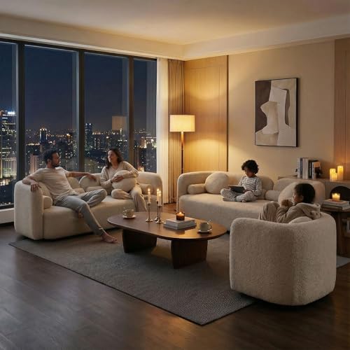 Image of Curved Couch Set for Living Room, 3 Piece Boucle Sofa & Loveseat Set with Accent Chair, Deep Seat Modern Sofa Set, Minimalist Upholstered Living Room Furniture Set for Home Apartment Office, Beige