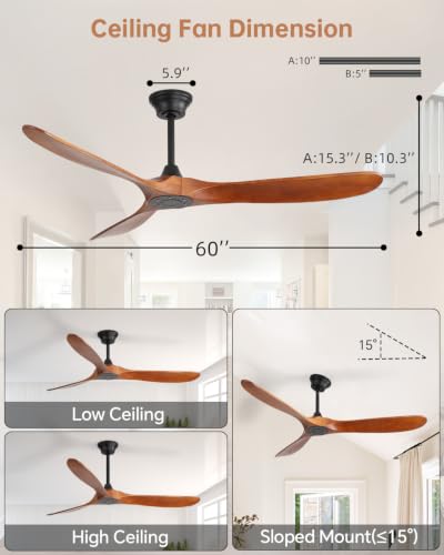 Image of Sofucor 60 Inch Wood Ceiling Fan No Light with Remote, Modern, 3 Blades | Without Light, Quiet Reversible DC Motor, 6 Speed, Timer, Indoor /Covered Outdoor /Bedroom /Living Room /Patio /Farmhouse, Brown