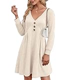 GRMLRPT Robe Femme Décontracté Robes Manches Longues Pull A Line à Col V Tissu du Côtelé Pullover Chaud Casual Automne Hiver pour Bureau(Gris,L)