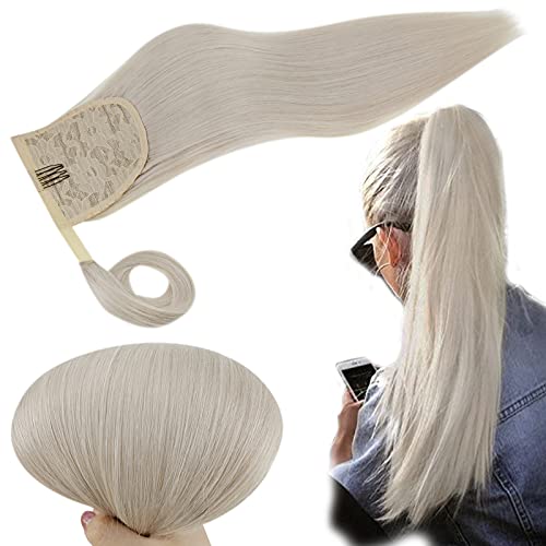 RUNATURE Ponytail Extension 12 Inch White Blonde Ponytail Extensions Human Hair 70g Warp Around Ponytail Extensions Clip in Natural Hair Human Hair Ponytail Extensions