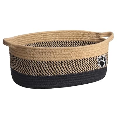 HiChen Medium Woven Rope Dog Toy Basket with Paw Print, Black Brown